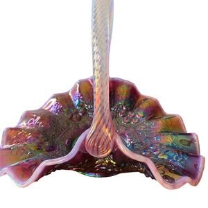 Exquisite Fenton Signed Cranberry -Plum Carnival Basket With Handle.